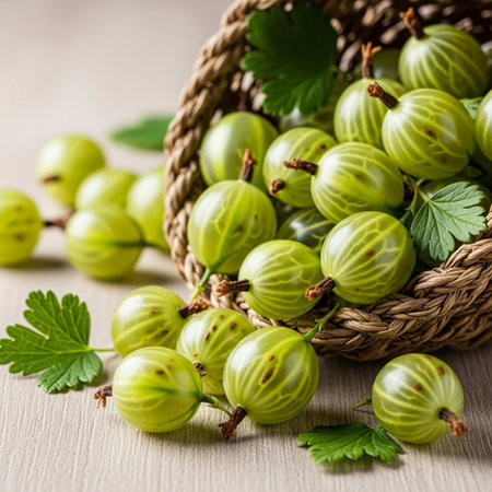 Gooseberries in a wicker basket on a wooden background.の写真素材
