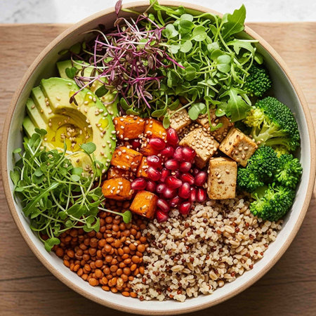 Healthy Buddha bowl with quinoa, avocado, chickpeas, broccoli, pomegranate and microgreensの写真素材