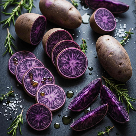 Purple potatoes with rosemary and sea salt on a black backgroundの写真素材