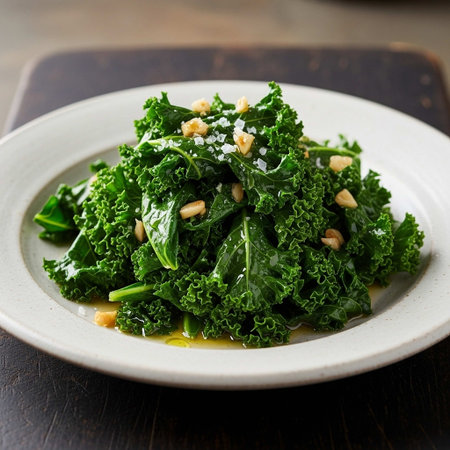 Kale salad with pine nuts in a plate on a wooden table