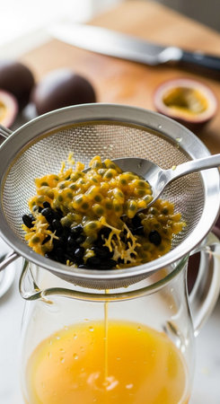 Passion fruit juice being poured into a strainer with fresh passion fruitの写真素材
