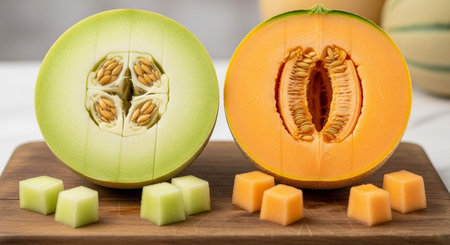 Melon and cantaloupe on a wooden cutting board.の写真素材