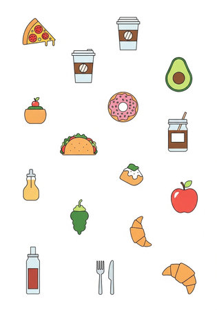 food and drink icon set over white background, line style, vector illustrationの写真素材