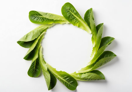 Lettuce leaves arranged in a circle on white background, top viewの写真素材