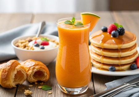 Pancakes with orange juice and berries on a wooden table.の写真素材
