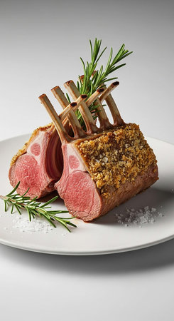 roasted lamb chops with salt and rosemary on a white plateの写真素材