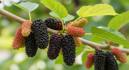 Mulberry fruit on the tree in the garden with nature background.の写真素材