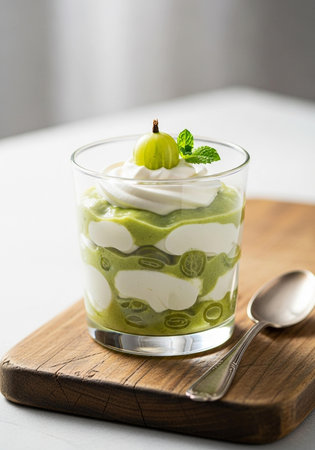 Green tea dessert with whipped cream and zucchini, selective focusの写真素材