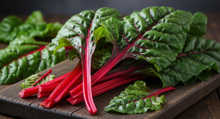 Fresh chard leaves on a wooden board. Dark rustic background.