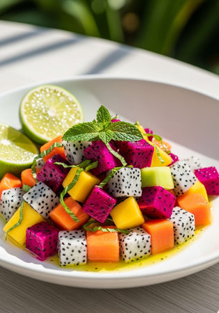 Fruit salad with dragon fruit, lime and pitahaya.の写真素材