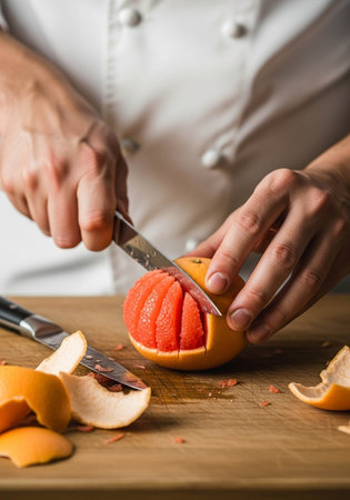 Chef cutting grapefruit with a knife on a wooden cutting boardの写真素材
