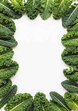 Frame made of fresh kale leaves on white background, top view. Space for text