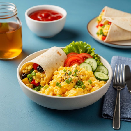 Healthy breakfast. Scrambled eggs with vegetables on blue backgroundの写真素材