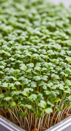 Close up of young green cress sprouts growing in a container