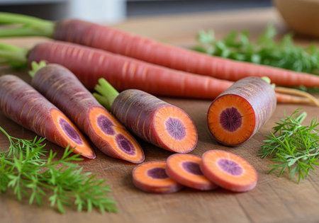 Fresh carrots with green leaves on a wooden board, food closeupの写真素材