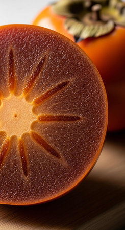 Ripe persimmon on a cutting board. Close-up.の写真素材