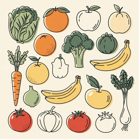 Fruits and vegetables. Hand drawn illustration of fruits and vegetables.の写真素材