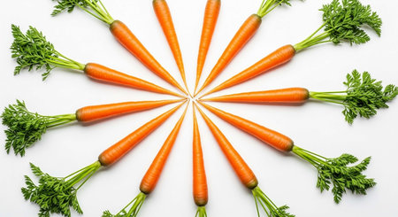 Fresh carrots with green leaves in circle shape on white background, top viewの写真素材