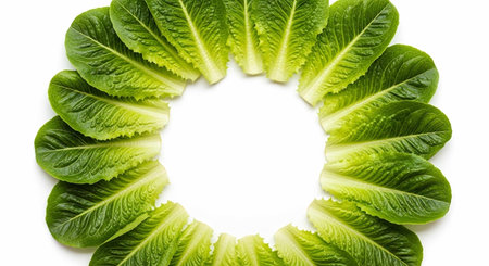 Fresh green cos lettuce leaves isolated on white background. Top view.の写真素材