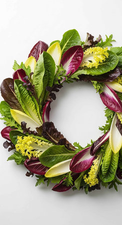Lettuce wreath on a white background, top view.