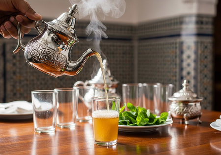 Pouring tea from teapot into glass with mint leaves on wooden tableの写真素材