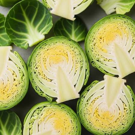 Fresh green brussels sprouts on gray background, top viewの写真素材