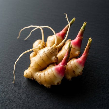 Ginger root on black background. Close up. Top view.
