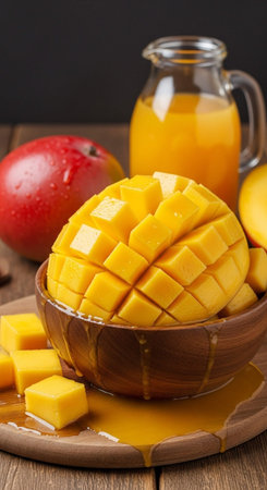mango juice and fresh mango fruit on wooden table, closeupの写真素材