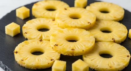 Sliced pineapple rings on a black slate plate, close upの写真素材