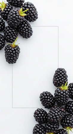 Blackberries on white background. Flat lay, top view, copy spaceの写真素材