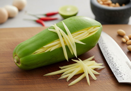 Sliced green jalapeno on a wooden cutting boardの写真素材