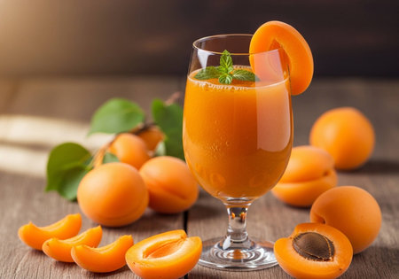 Apricot juice in a glass with fresh apricots on a wooden backgroundの写真素材