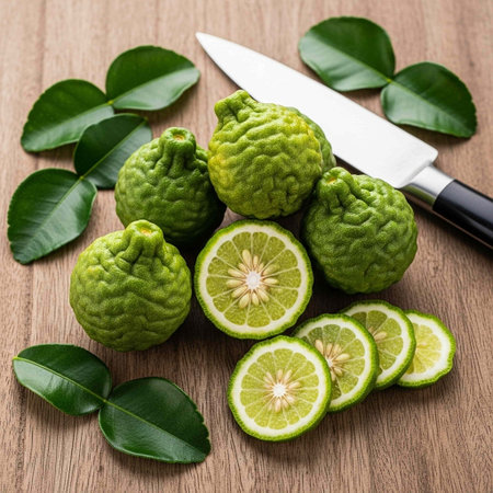 Bergamot fruit on wooden table with knife and leaf.の写真素材