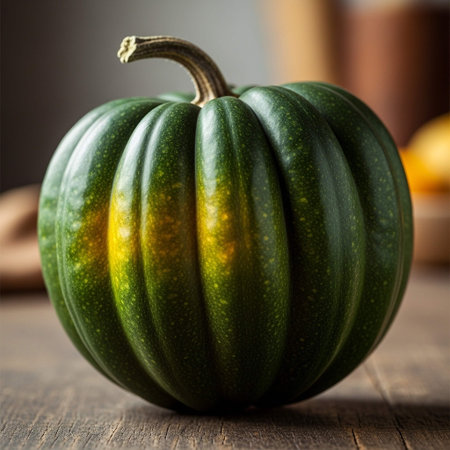 Green pumpkin on a wooden table, close-up, selective focusの写真素材