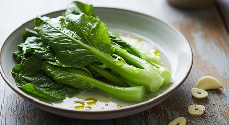 Bok choy, chinese cabbage in a bowl on wooden tableの写真素材