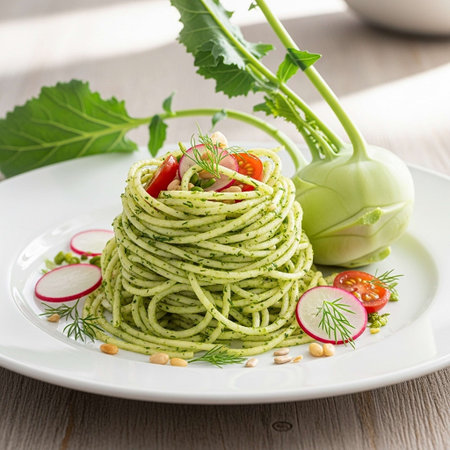 Spaghetti with zucchini pesto and vegetables on a white plateの写真素材
