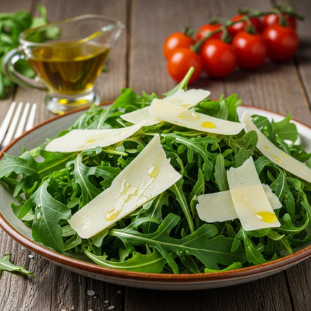 Fresh arugula salad with parmesan cheese and olive oilの写真素材