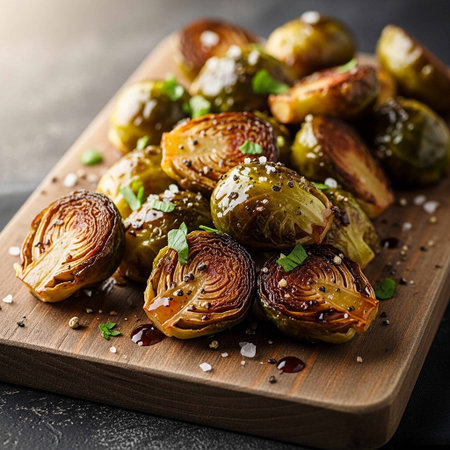 Roasted brussels sprouts with olive oil and sesame seedsの写真素材
