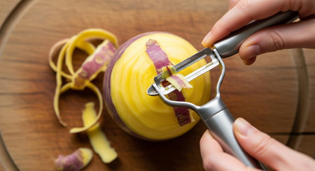 Closeup of woman's hands peeling onion with peeler.の写真素材