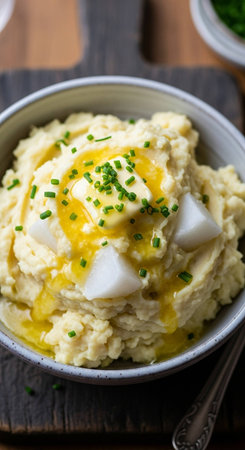 Mashed potatoes with butter and chives in bowl on wooden tableの写真素材