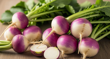 Bunch of fresh purple turnips with green leaves on wooden tableの写真素材