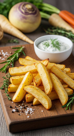 Fried potatoes with herbs on a wooden table. Selective focus.の写真素材