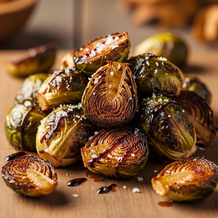 Roasted brussels sprouts with sea salt on wooden backgroundの写真素材