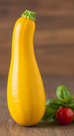 Yellow zucchini with basil and cherry tomatoes on wooden background.の写真素材