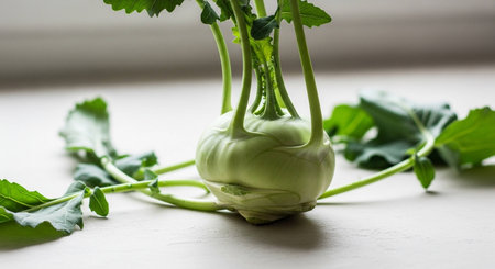 Fresh kohlrabi on a white wooden table, closeupの写真素材