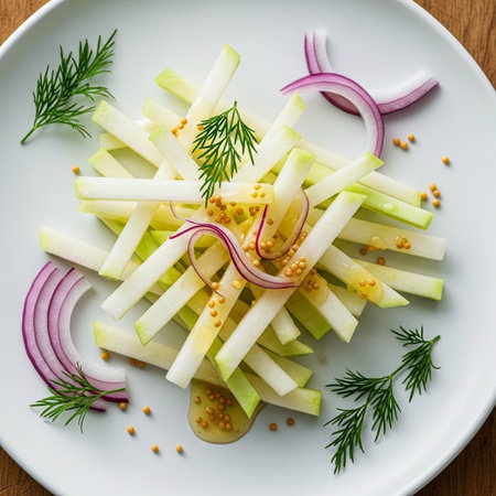 Cucumber salad with red onion and dill on white plateの写真素材