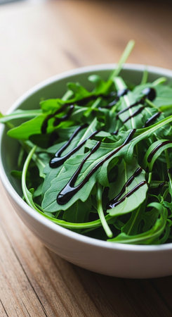 Fresh arugula salad with balsamic vinegar on wooden table