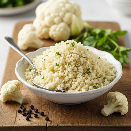 Couscous with cauliflower and parsley in a bowlの写真素材
