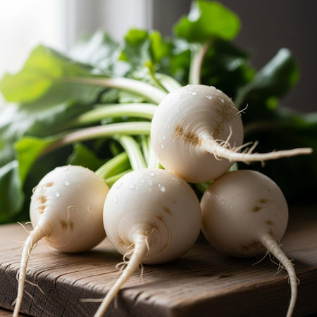 Fresh white radishes with green leaves on a wooden board. Selective focus.