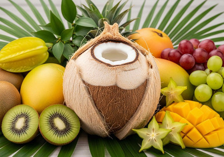 Tropical fruits and coconut on a white wooden table with palm leaves